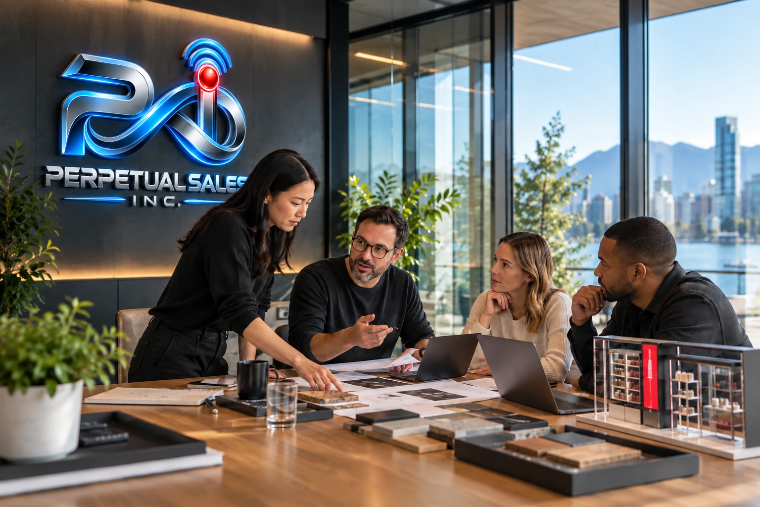 Retail planning team in a workspace displaying the PERPETUAL SALES INC. brand logo