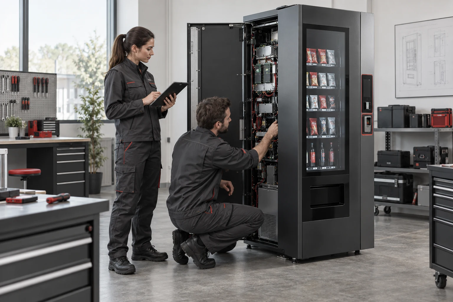 Concept technicians reviewing a red-accented vending kiosk