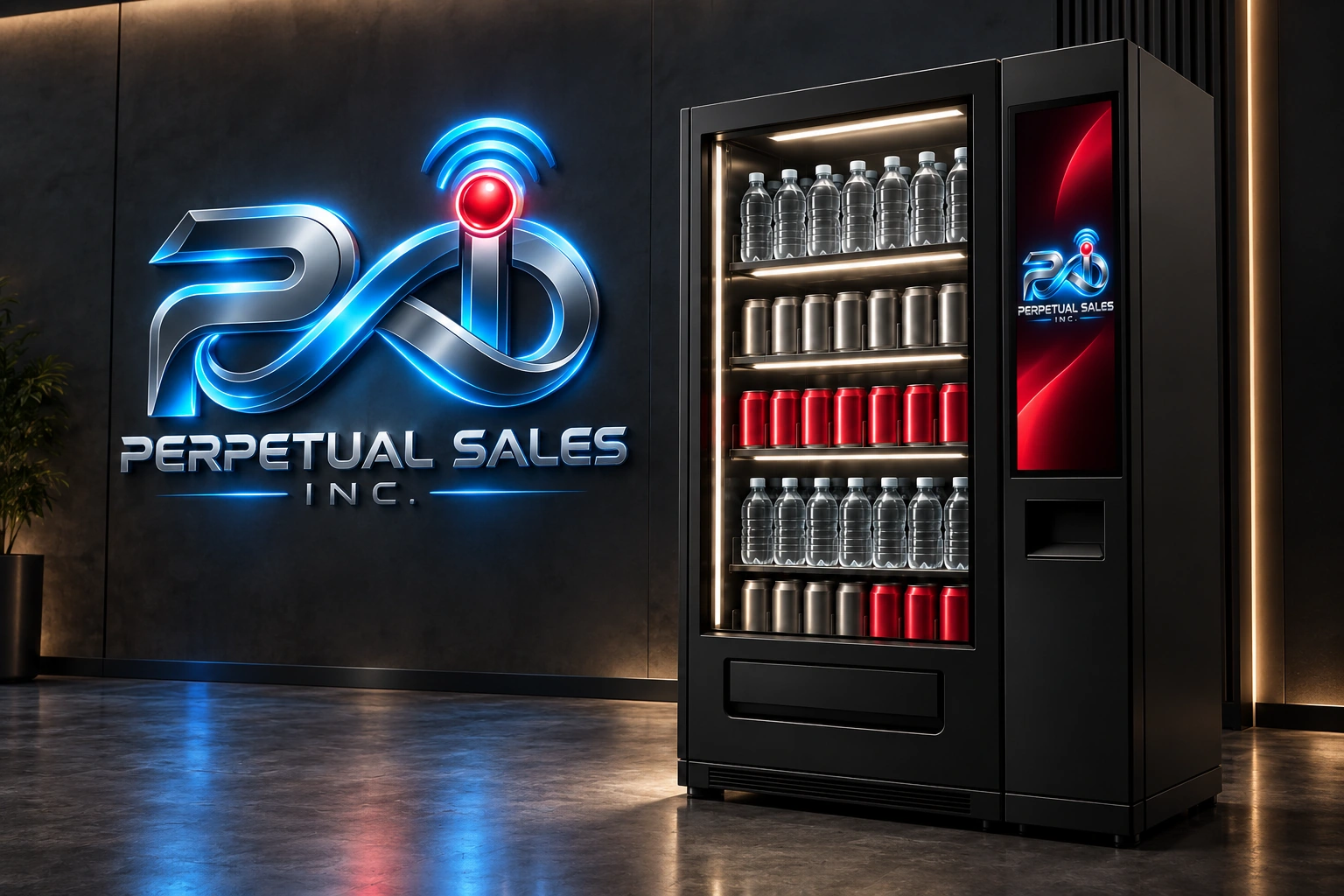 Graphite vending kiosk beside the illuminated PERPETUAL SALES INC. brand logo