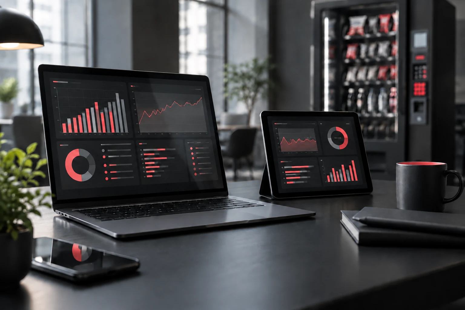 Concept retail operations workspace with red inventory charts