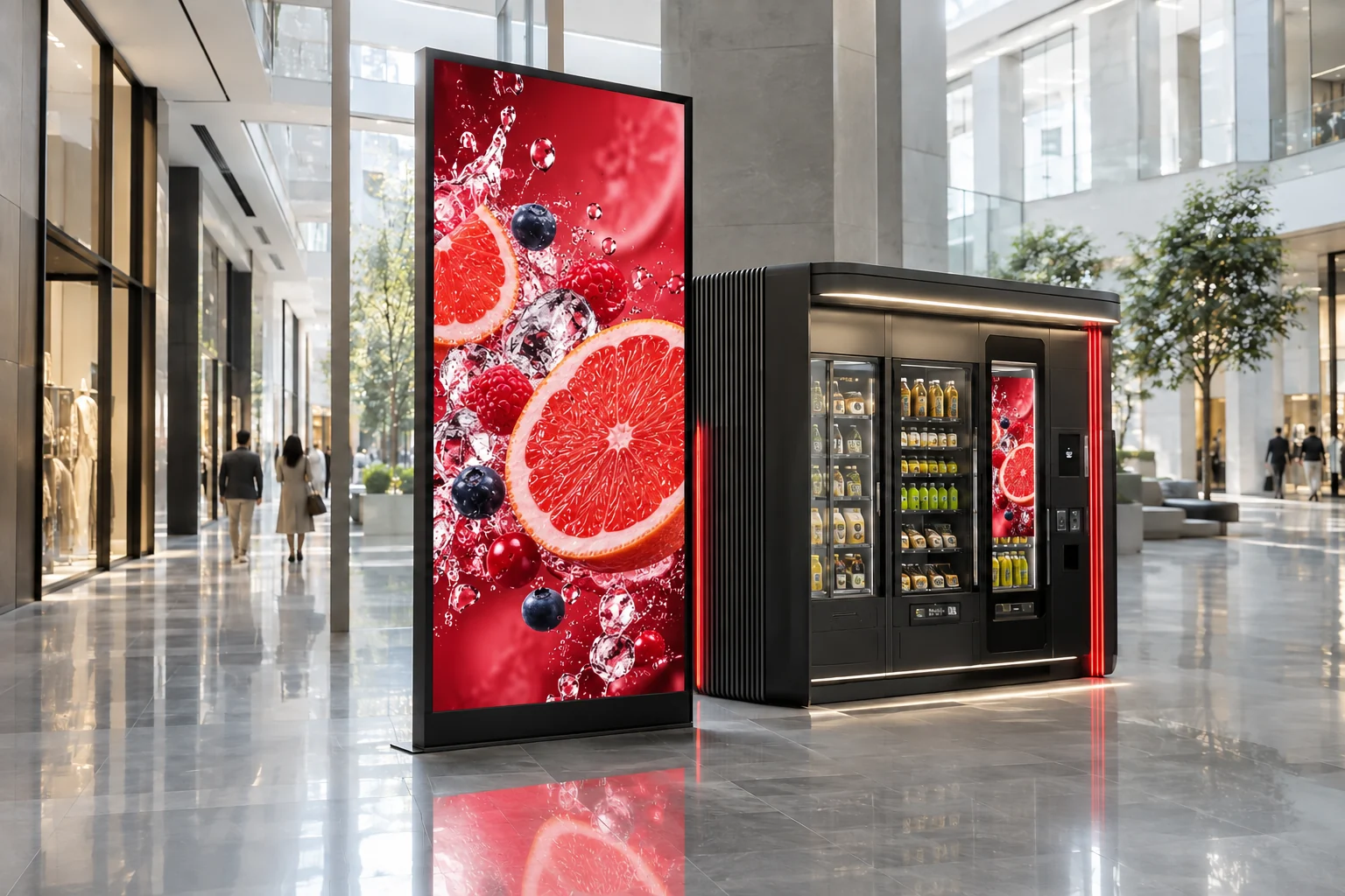 Concept red digital media display beside automated retail in a shopping arcade