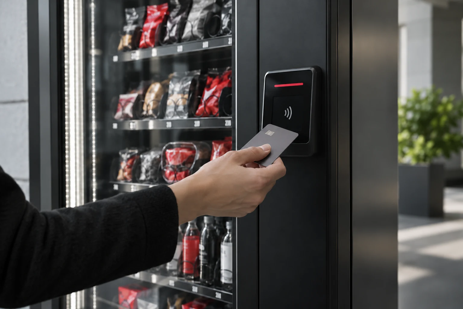 Concept of contactless payment at a graphite vending machine with red accents